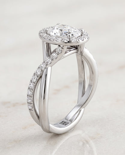 The Harmony Twisted Vine Halo Oval Engagement Ring Setting in Platinum