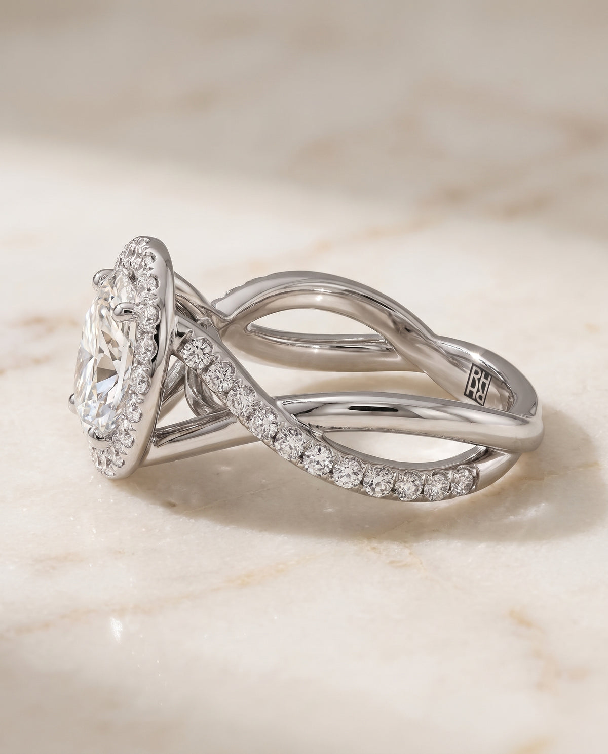 The Harmony Twisted Vine Halo Oval Engagement Ring Setting in Platinum