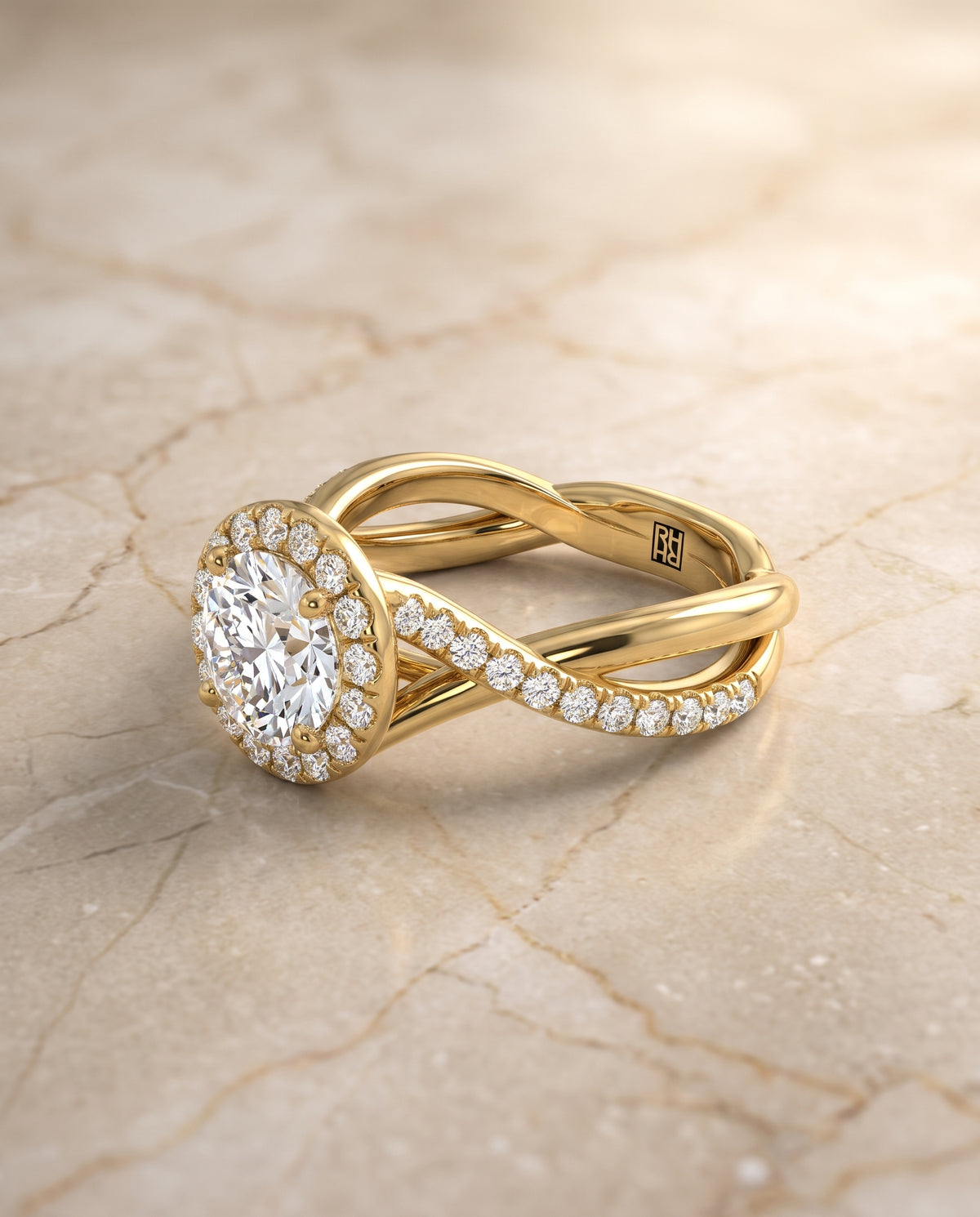 The Harmony Twisted Vine Halo Round Engagement Ring Setting in 18K Yellow Gold