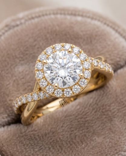 The Harmony Twisted Vine Halo Round Engagement Ring Setting in 18K Yellow Gold