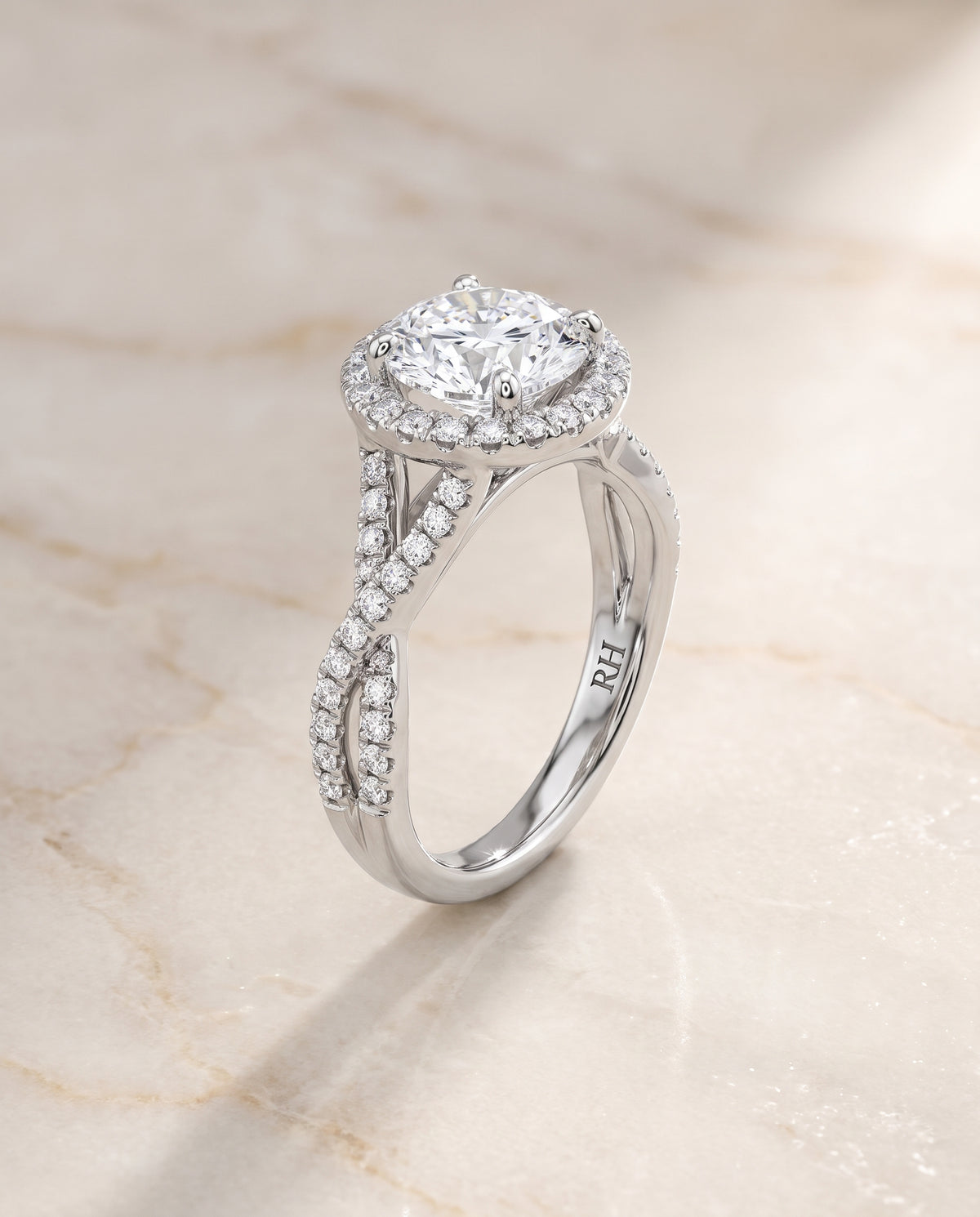 The Harmony Twisted Vine Halo Round Engagement Ring Setting in 18K White Gold