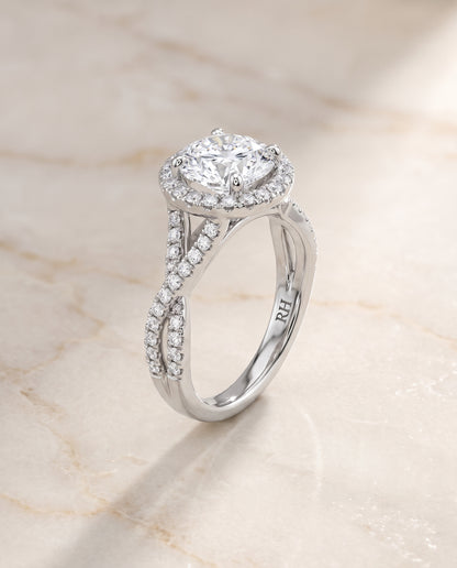 The Harmony Twisted Vine Halo Round Engagement Ring Setting in 18K White Gold