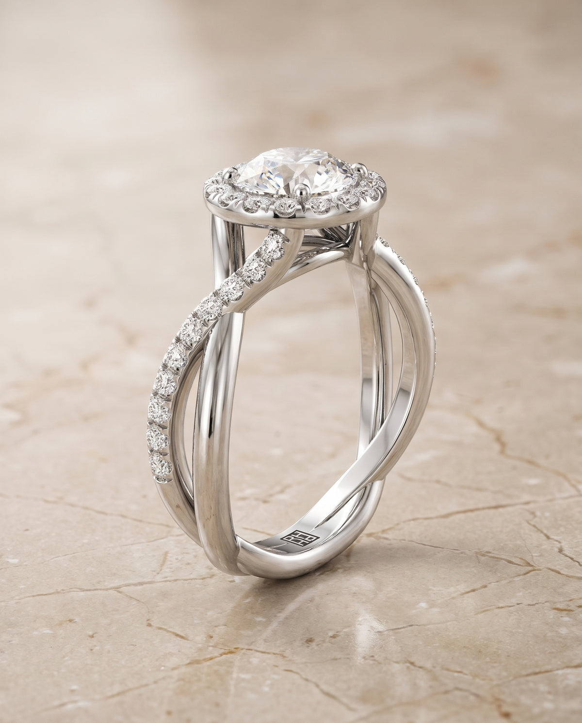 The Harmony Twisted Vine Halo Round Engagement Ring Setting in 18K White Gold