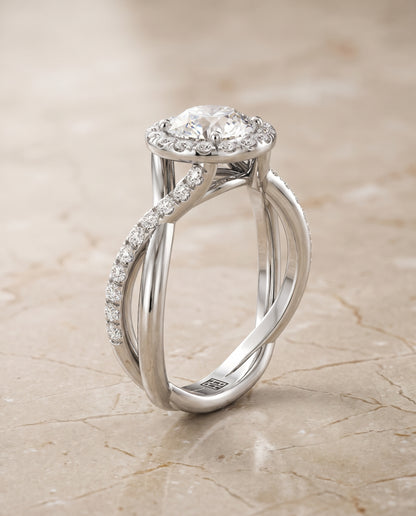 The Harmony Twisted Vine Halo Round Engagement Ring Setting in 18K White Gold