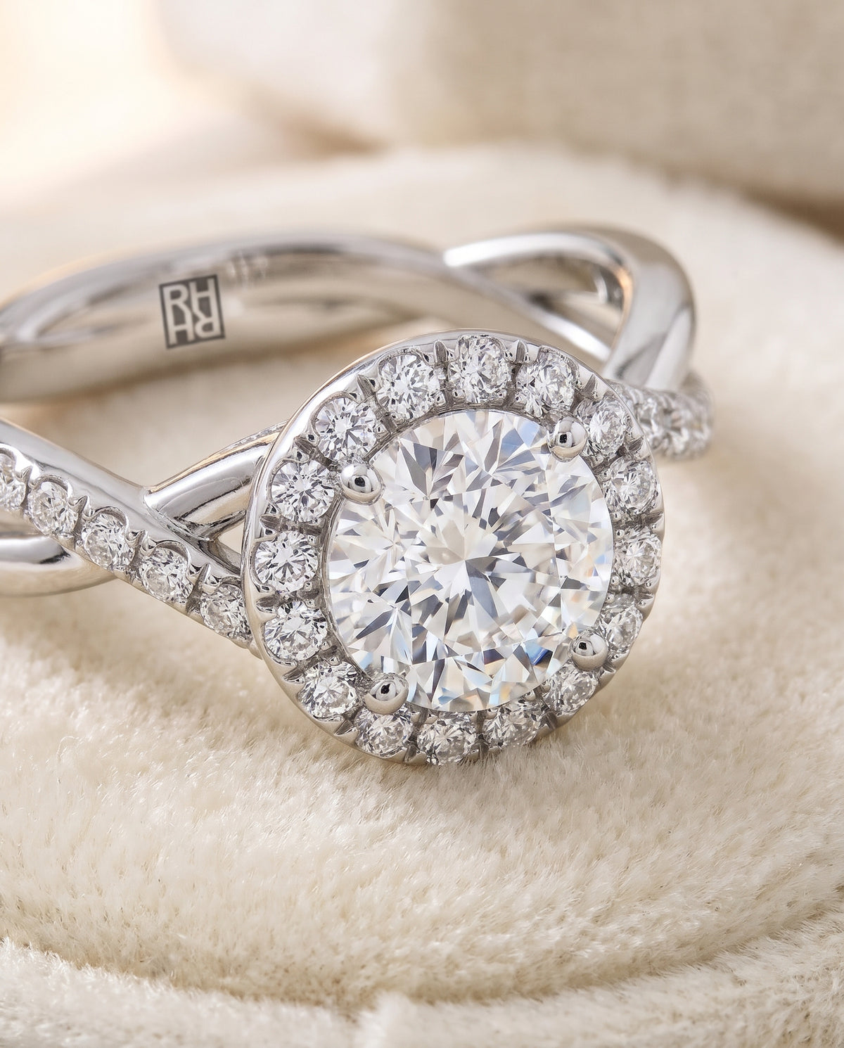 The Harmony Twisted Vine Halo Round Engagement Ring Setting in 18K White Gold