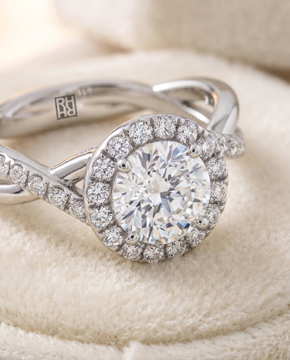 The Harmony Twisted Vine Halo Round Engagement Ring Setting in 18K White Gold