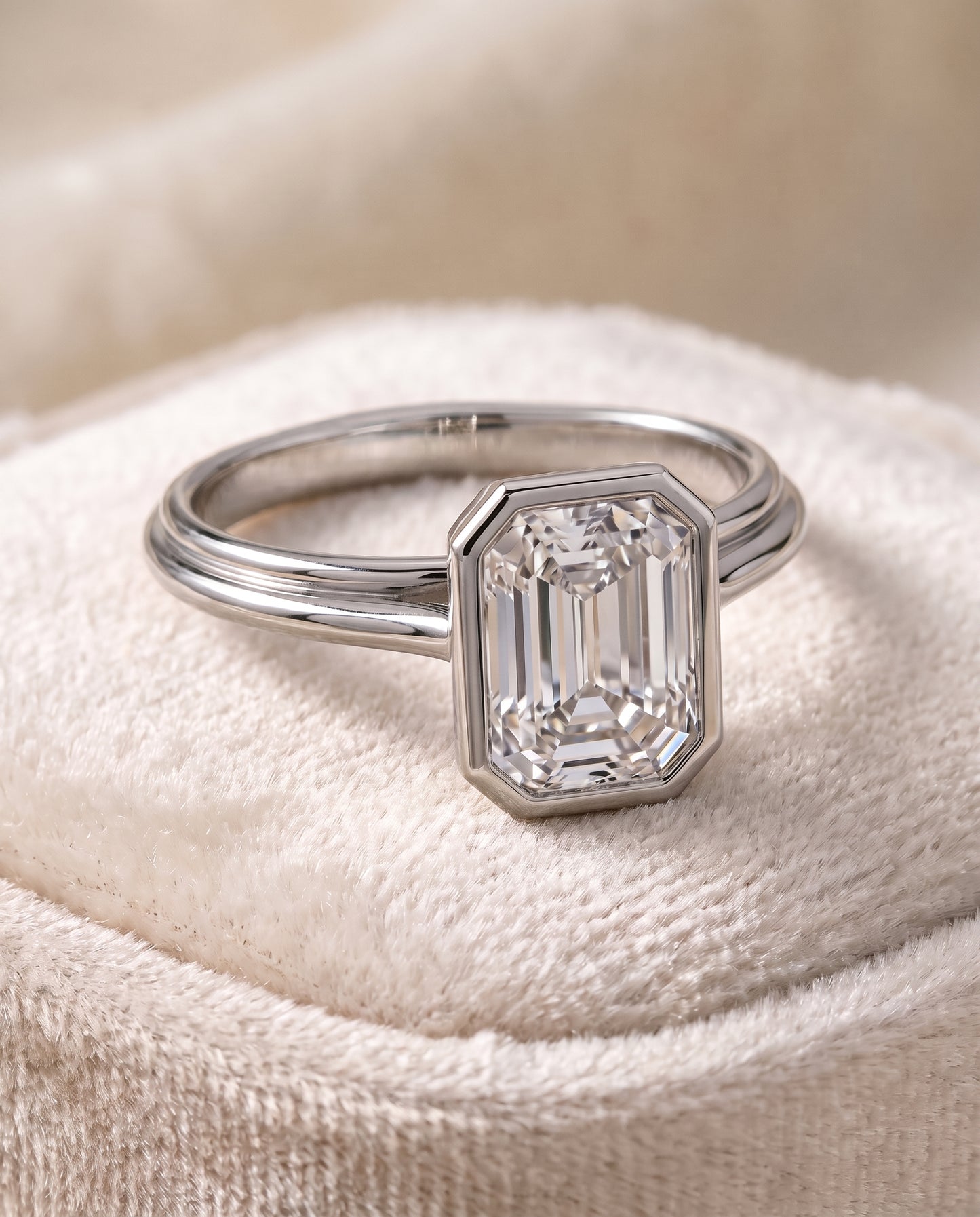 The Hayley Bezel Cathedral Solitaire Emerald Cut Engagement Ring Setting in Platinum