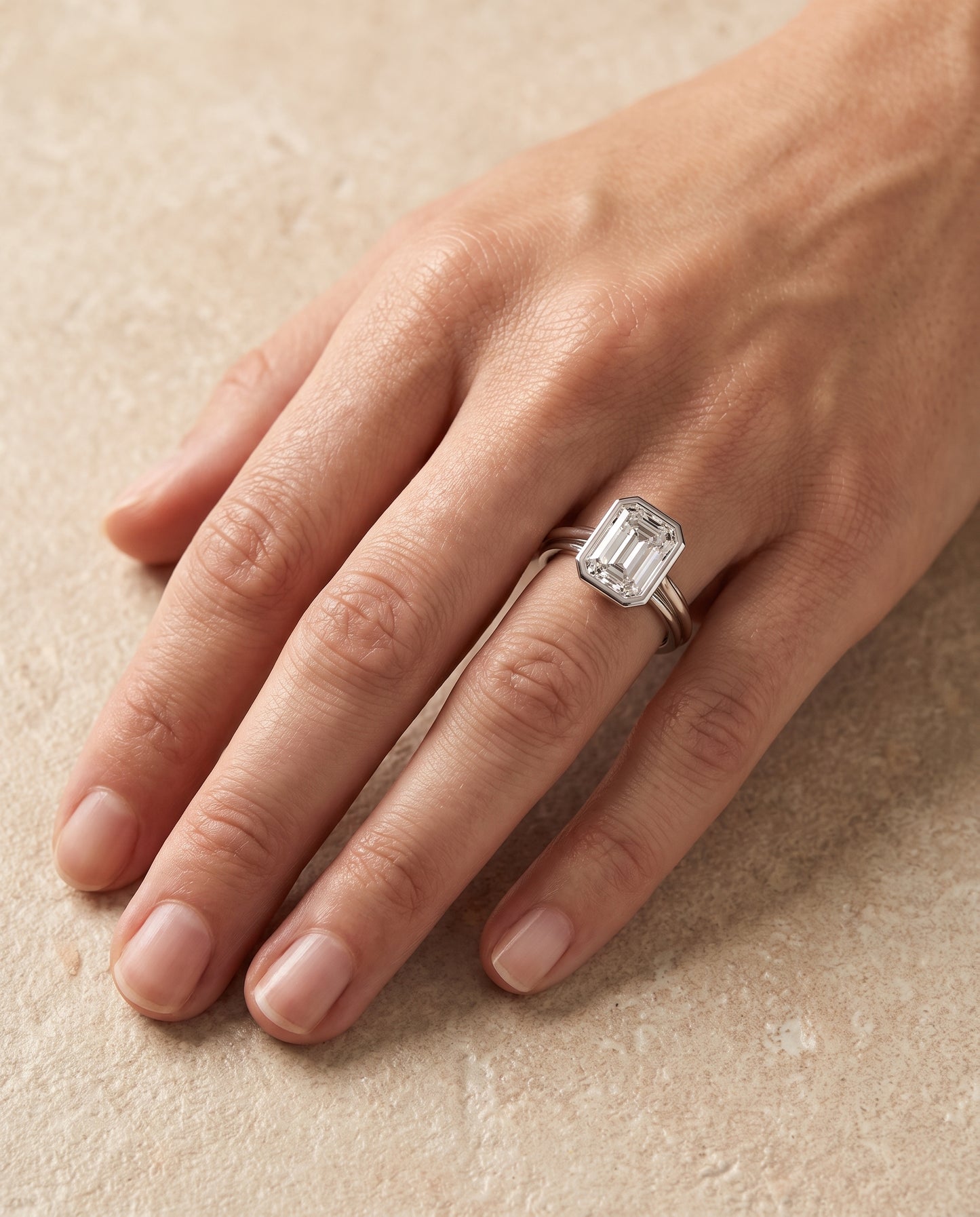 The Hayley Bezel Cathedral Solitaire Emerald Cut Engagement Ring Setting in Platinum