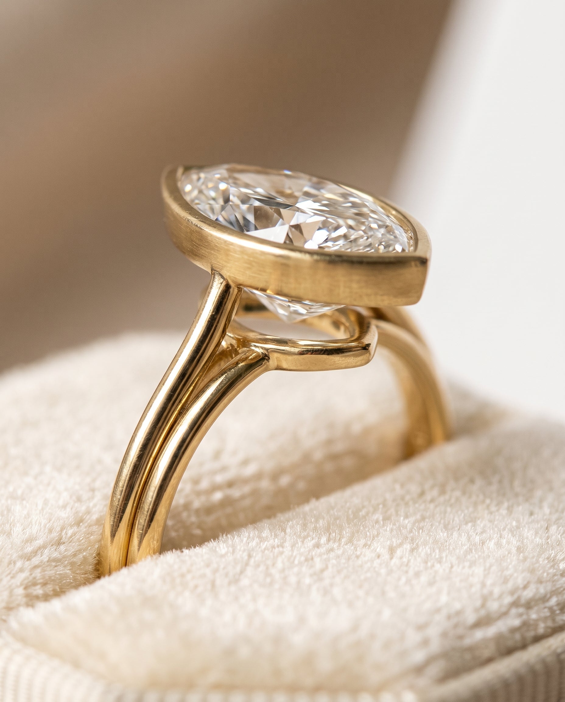 18K Yellow Gold band of The Hayley marquise engagement ring setting | RockHer