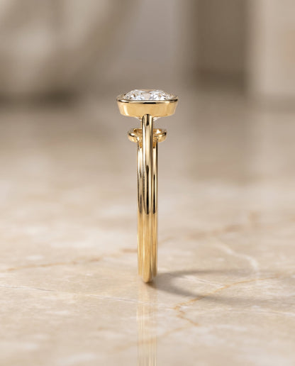 Hayley Select Bezel Solitaire Cushion Cut Lab Diamond Engagement Ring in 18K Yellow Gold, side view | RockHer