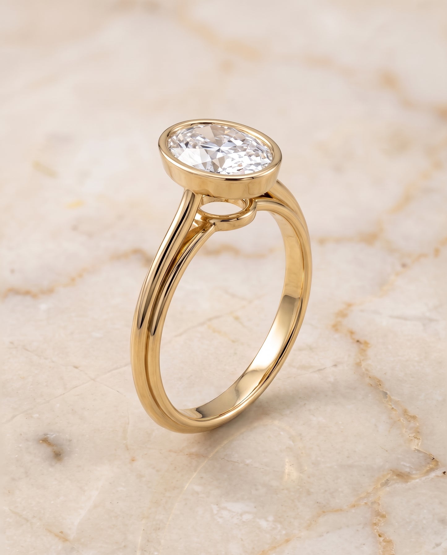 The Hayley Bezel Cathedral Solitaire Oval Engagement Ring Setting in 18K Yellow Gold