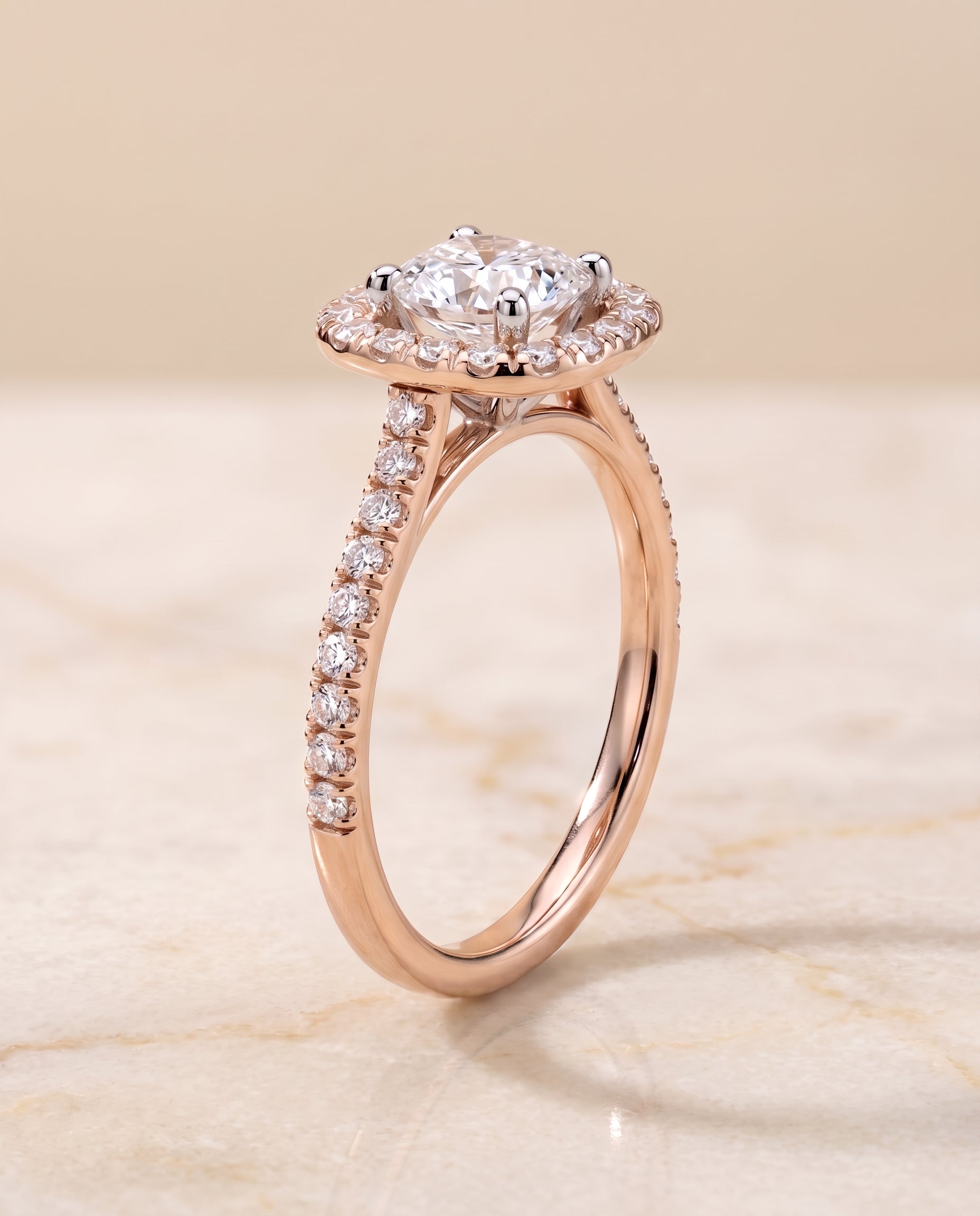 French Pavé Halo Frame Cut styling on The Hymn cushion engagement ring setting | RockHer