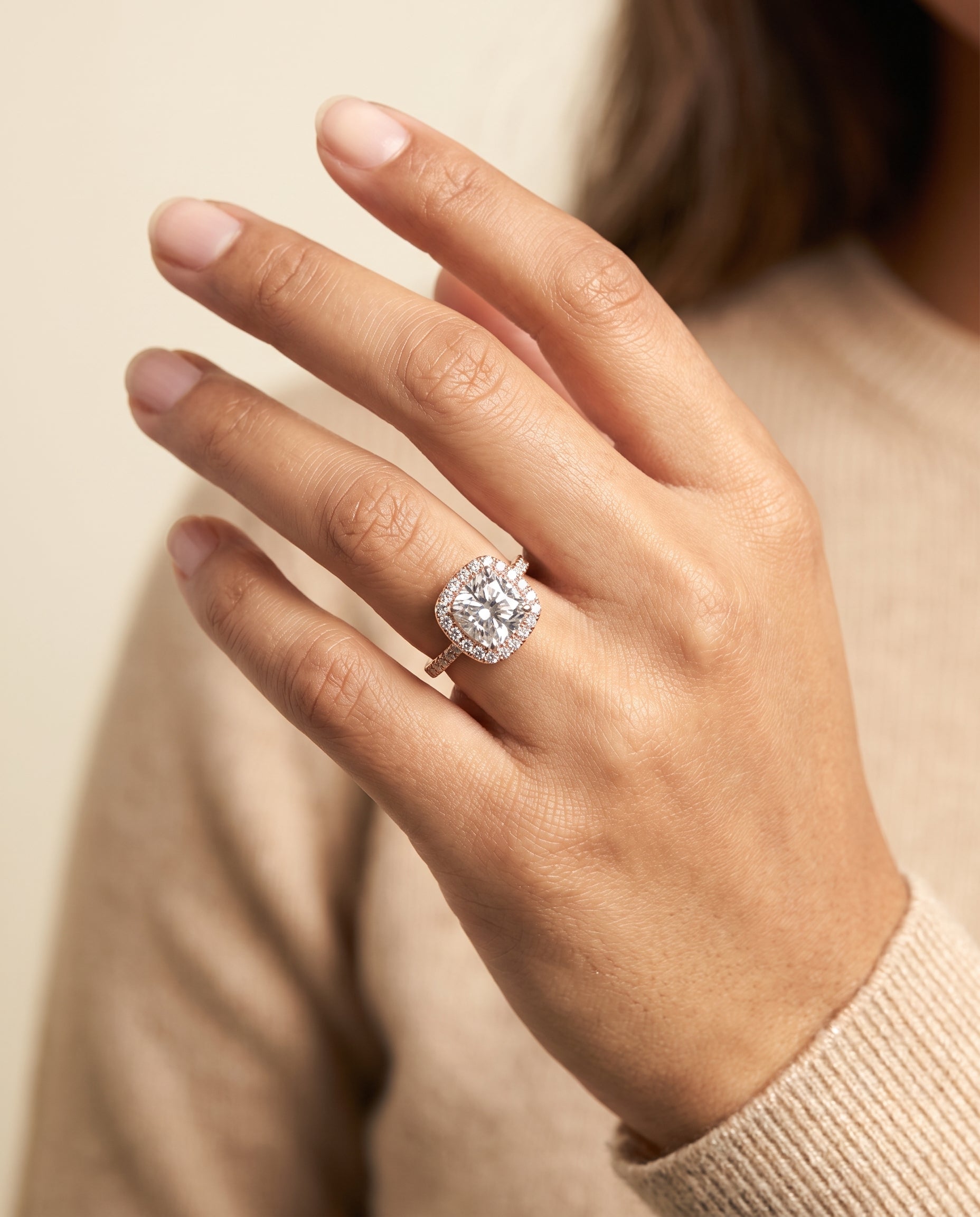 The Hymn engagement ring setting in 14K Rose Gold, french pavé halo frame cut design | RockHer