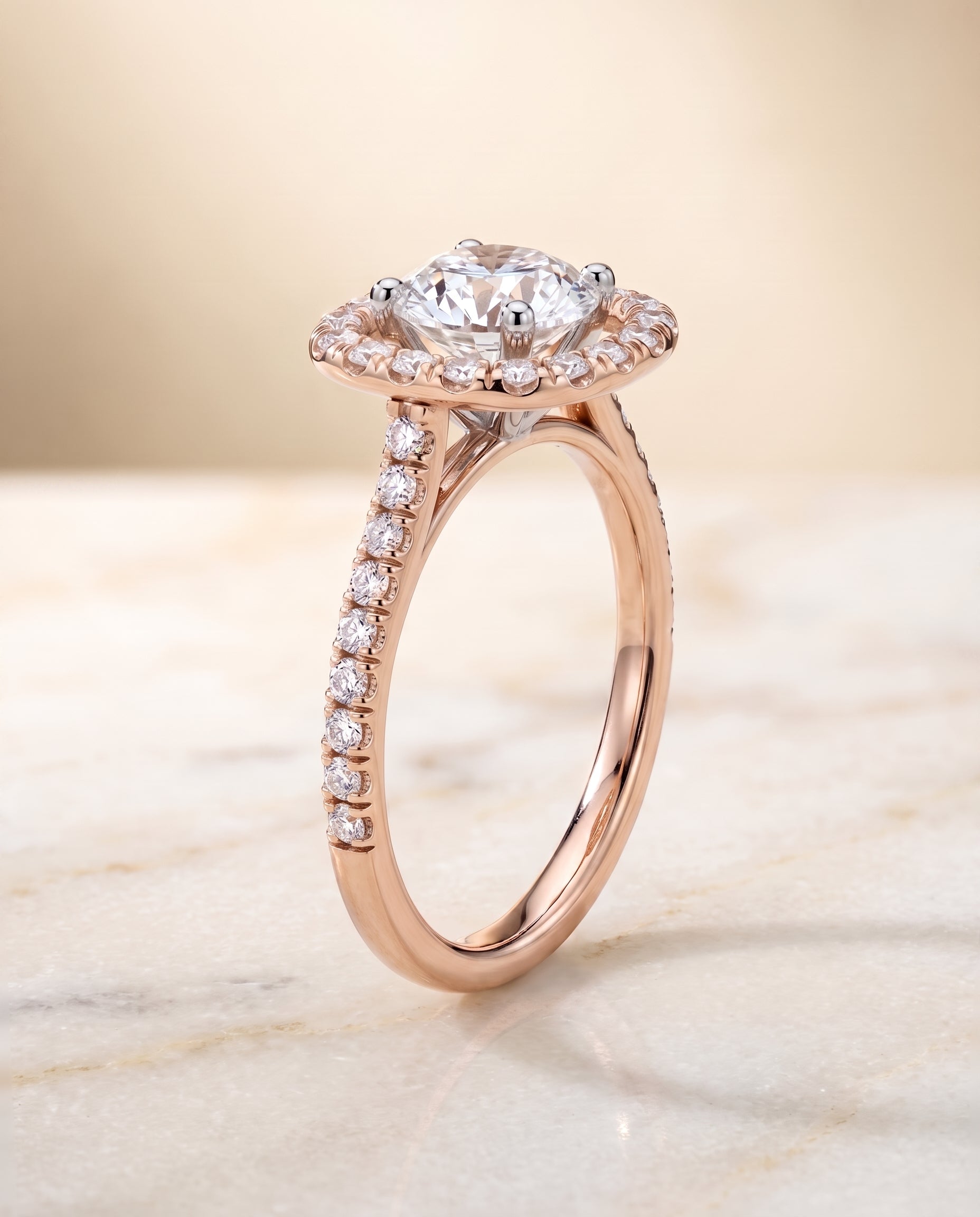 French Pavé Halo Frame styling on The Hymn round engagement ring setting | RockHer