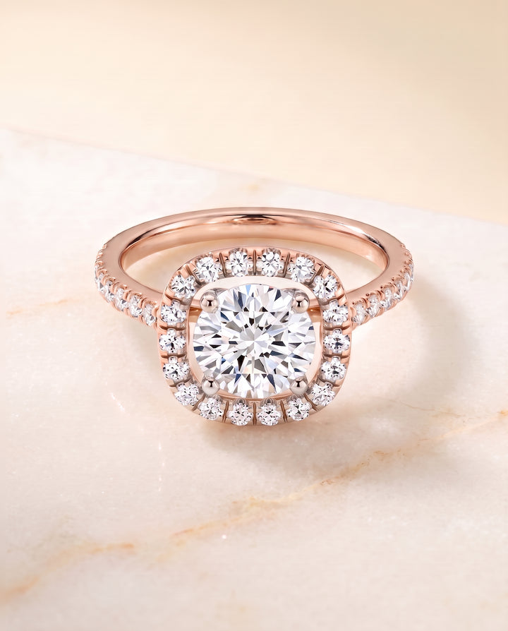 The Hymn French Pavé Halo Frame Round Engagement Ring Setting in 14K Rose Gold