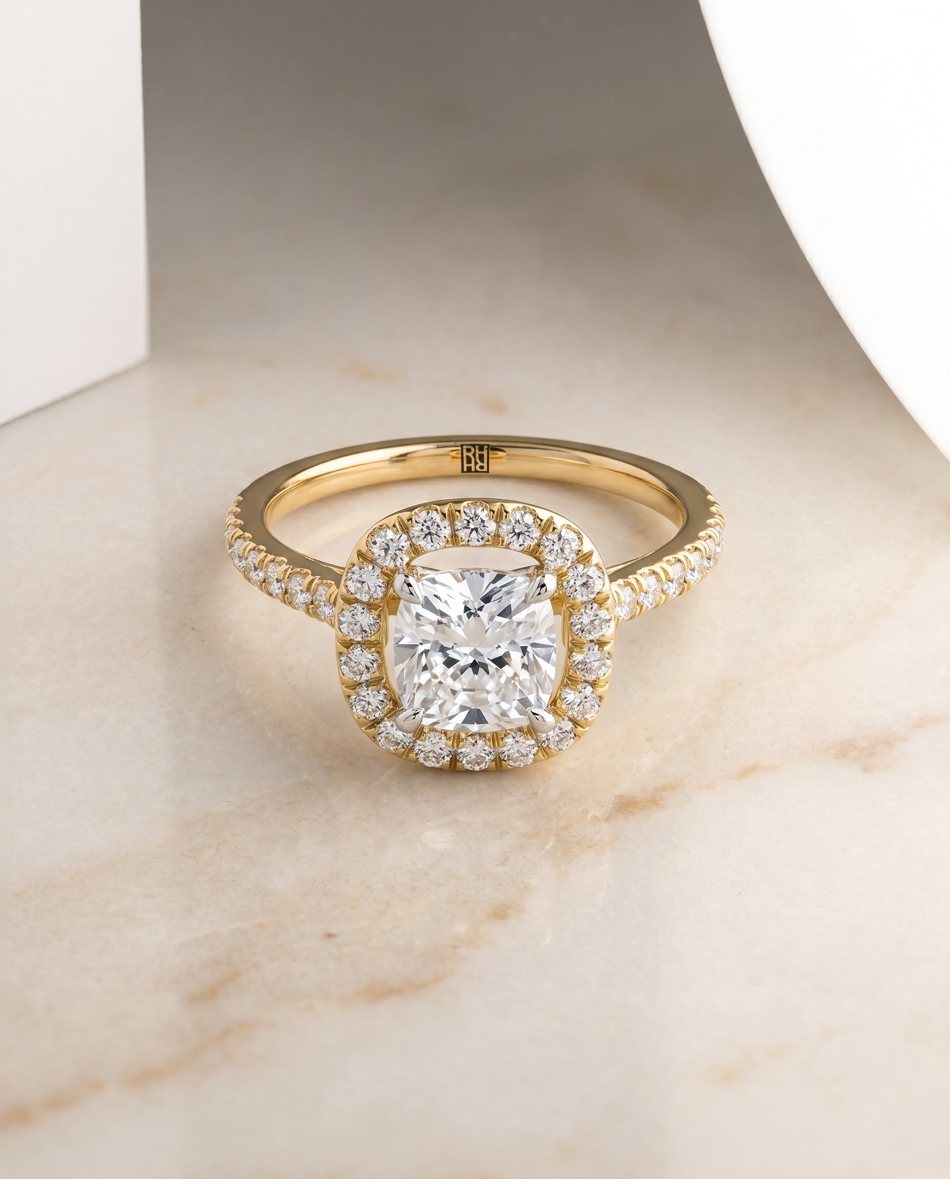 The Hymn setting for cushion diamonds, made to order in 18K Yellow Gold | RockHer