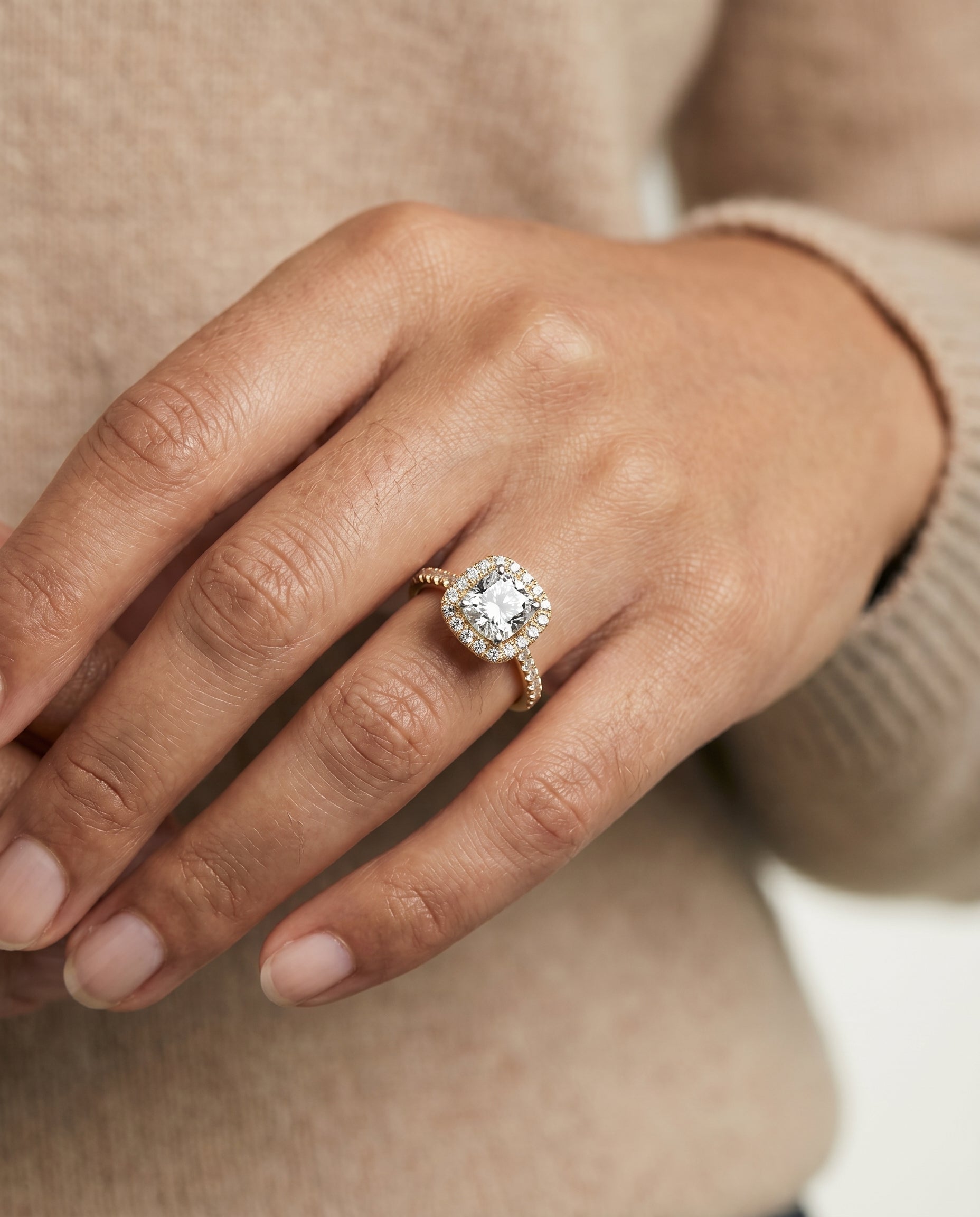 The Hymn engagement ring setting in 18K Yellow Gold, french pavé halo frame cut design | RockHer