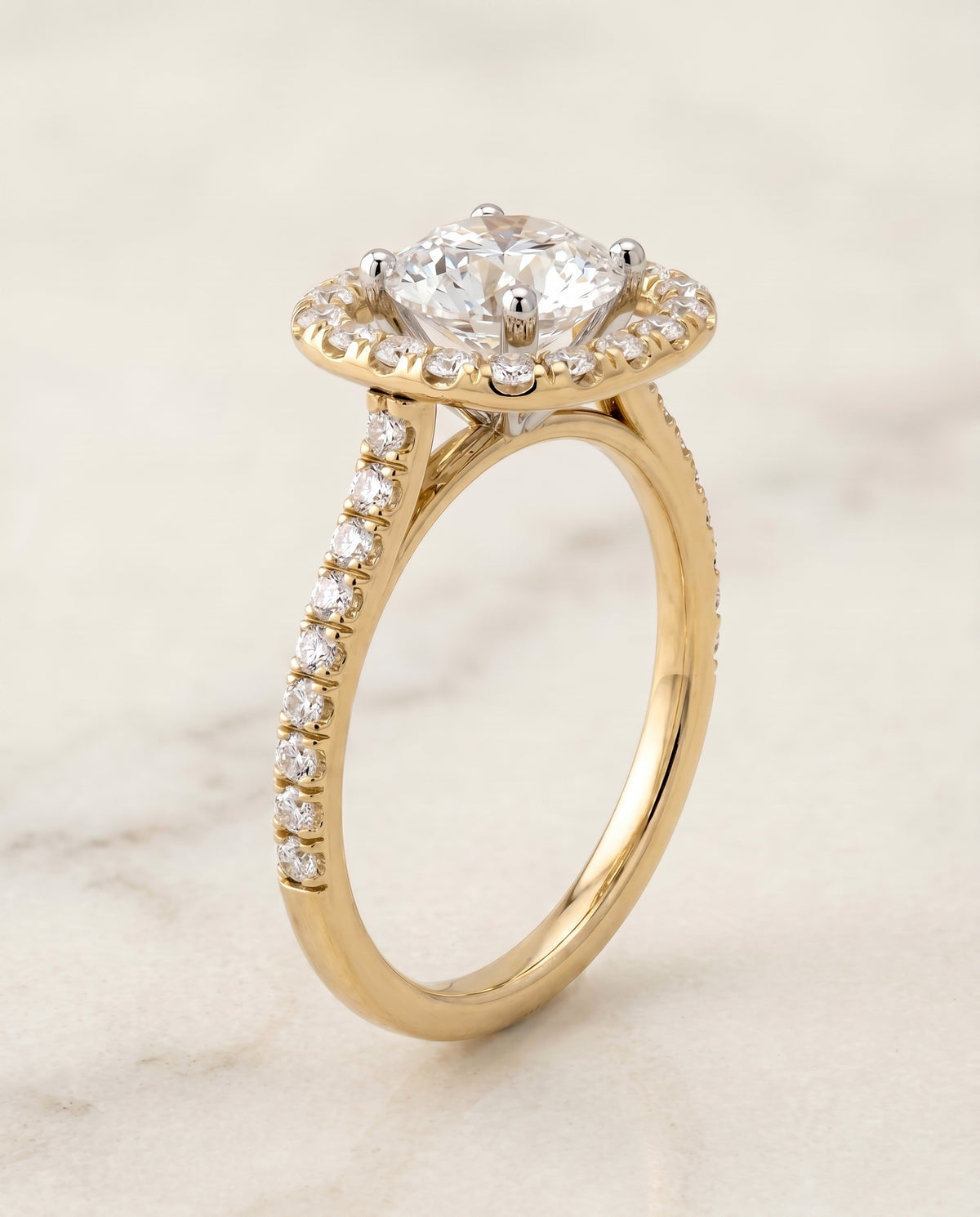 French Pavé Halo Frame styling on The Hymn round engagement ring setting | RockHer