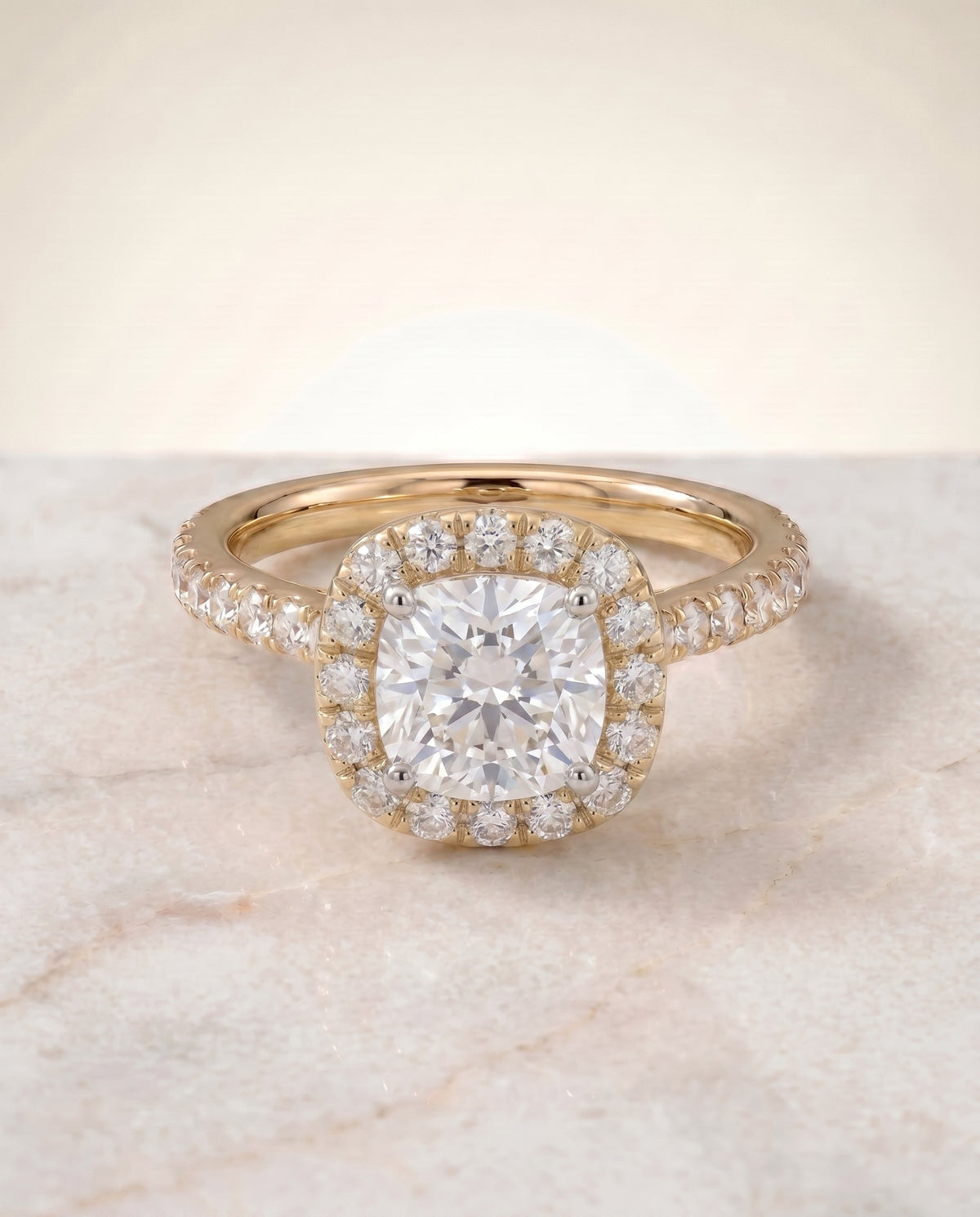 Hymn Select Halo Round Lab Diamond Engagement Ring in 18K Yellow Gold, shown on hand, angled | RockHer