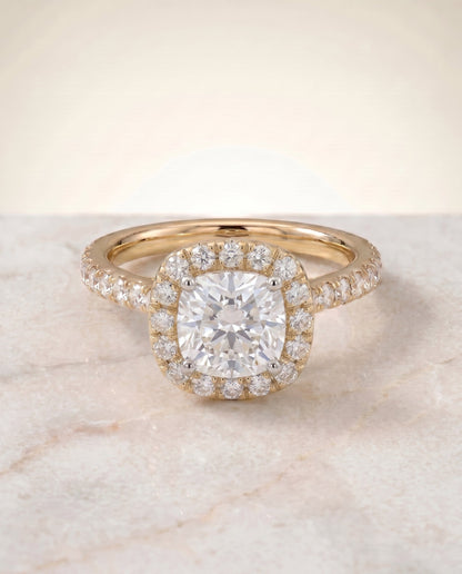 Hymn Select Halo Round Lab Diamond Engagement Ring in 18K Yellow Gold, shown on hand, angled | RockHer