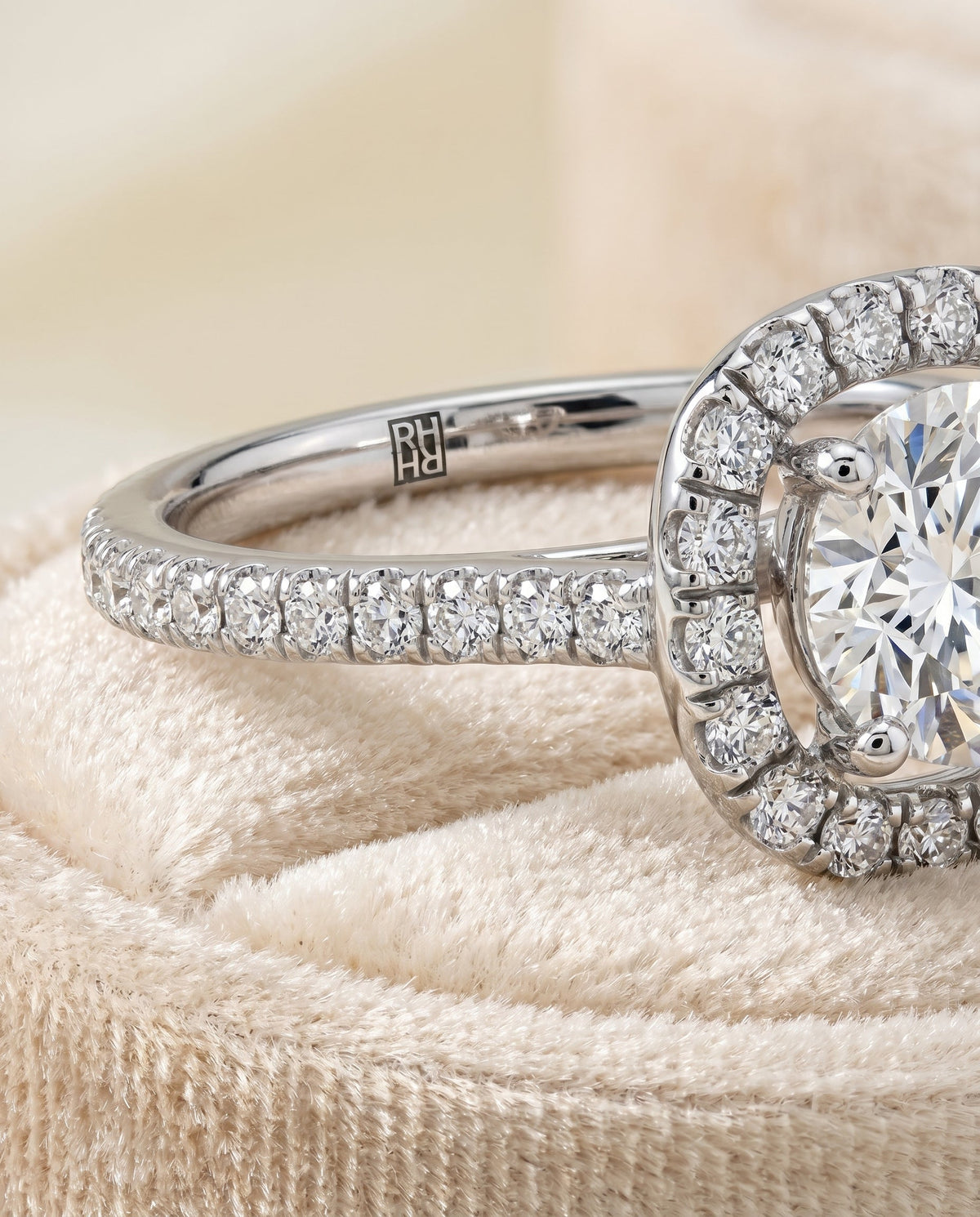 Hymn Select Halo Round Lab Diamond Engagement Ring in Platinum, detail view | RockHer