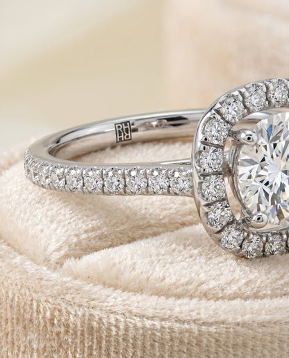 Hymn Select Halo Round Lab Diamond Engagement Ring in Platinum, detail view | RockHer