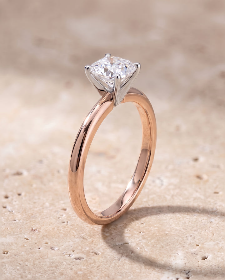 The Isolde Petite Knife Edge Solitaire Cushion Cut Engagement Ring Setting in 14K Rose Gold