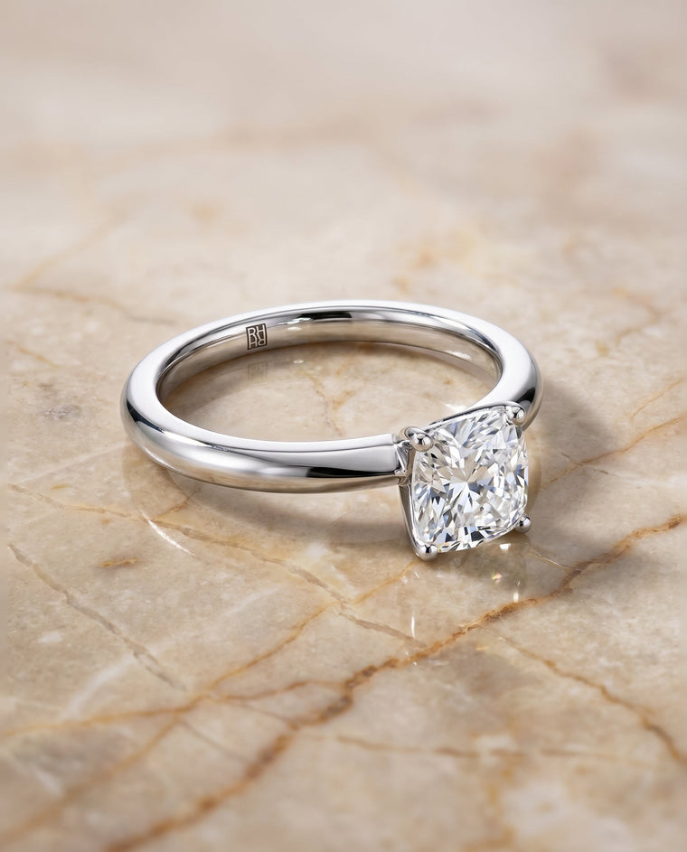 The Isolde Select Knife Edge Solitaire Cushion Cut Lab Diamond Engagement Ring in 18K White Gold