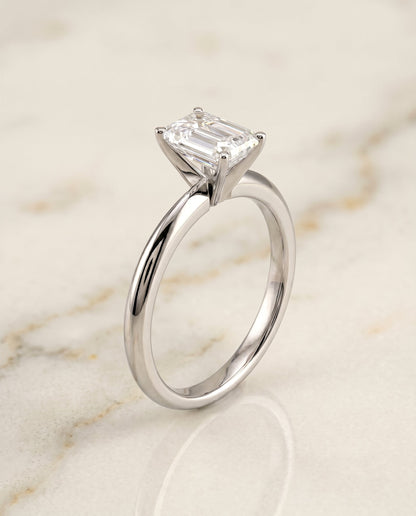 Isolde Select Knife Edge Solitaire Emerald Cut Lab Diamond Engagement Ring in 18K White Gold, front view | RockHer