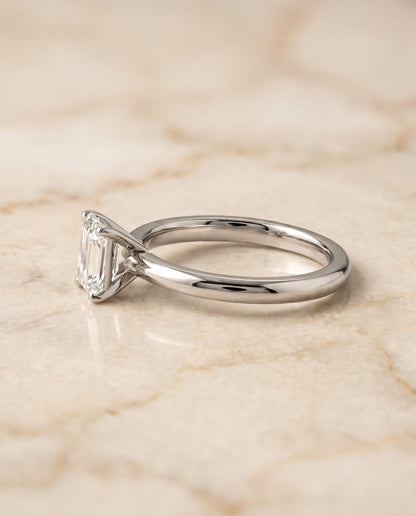 Isolde Select Knife Edge Solitaire Emerald Cut Lab Diamond Engagement Ring in 18K White Gold, side view | RockHer