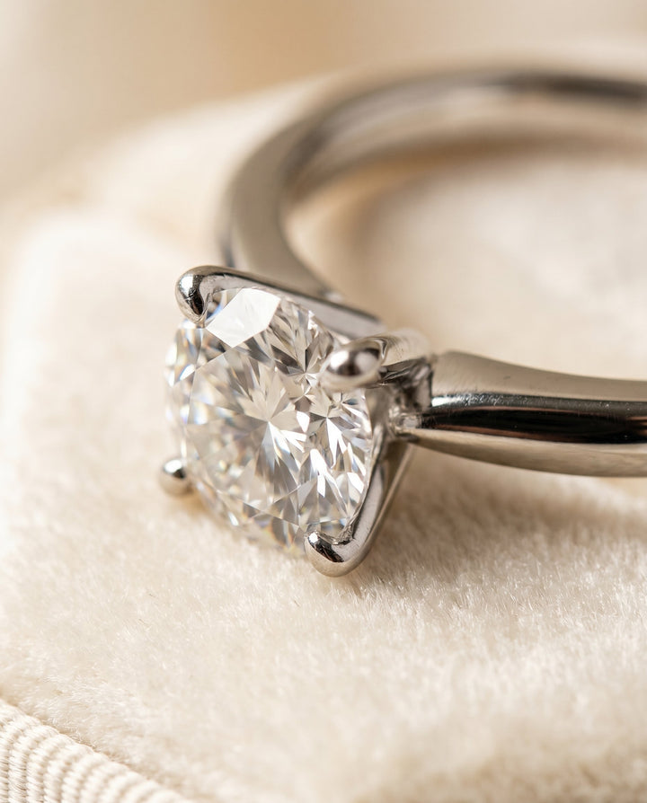 Isolde Select Knife Edge Solitaire Round Lab Diamond Engagement Ring in 18K White Gold, detail view | RockHer