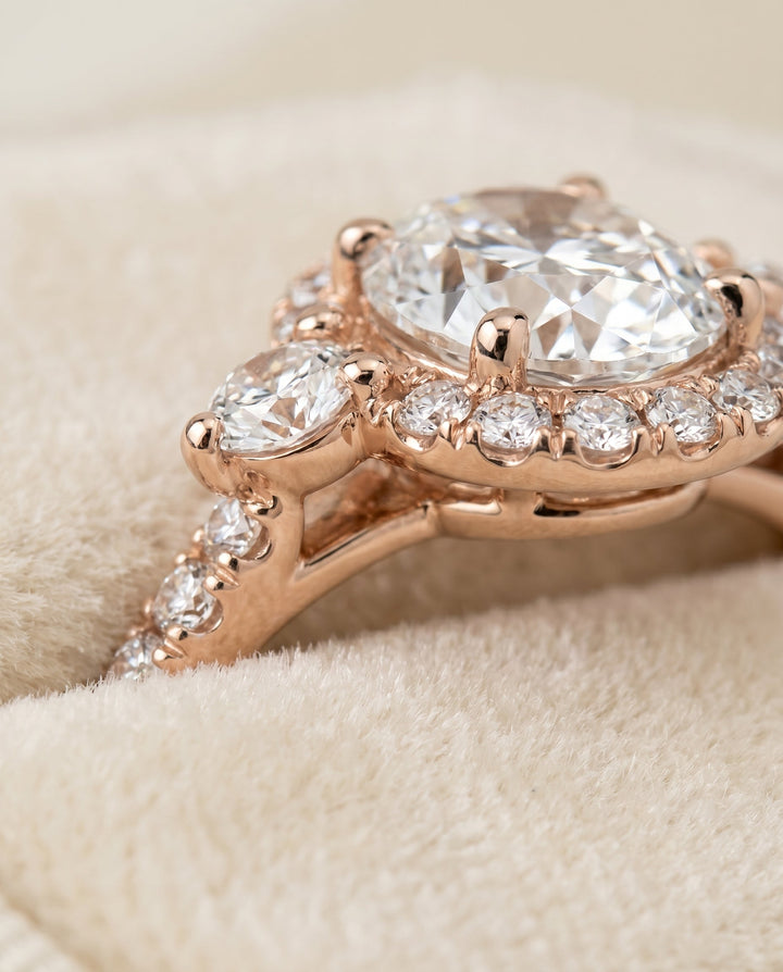 Ivy Select Halo Oval Lab Diamond Engagement Ring in 14K Rose Gold, detail view | RockHer