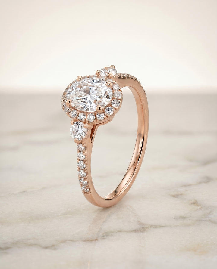 The Ivy Three Stone Delicate Halo Oval Engagement Ring Setting in 14K Rose Gold