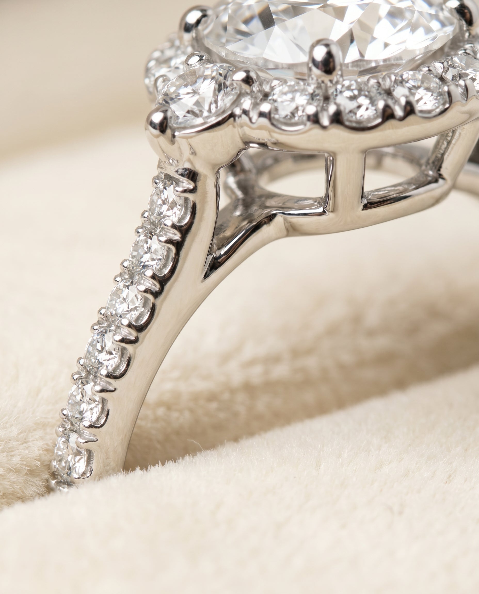 Ivy Select Three Stone Delicate Halo Oval Lab Diamond Engagement Ring in 18K White Gold, detail view | RockHer