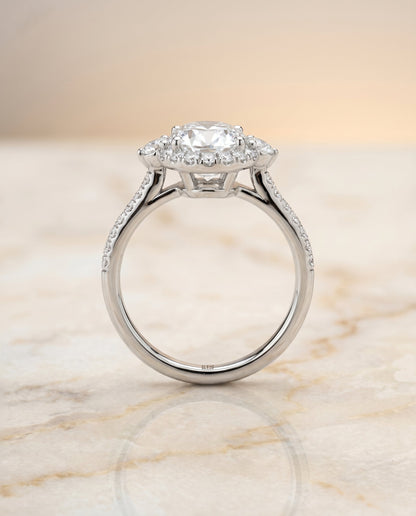 Ivy Select Three Stone Delicate Halo Oval Lab Diamond Engagement Ring in Platinum, side view | RockHer