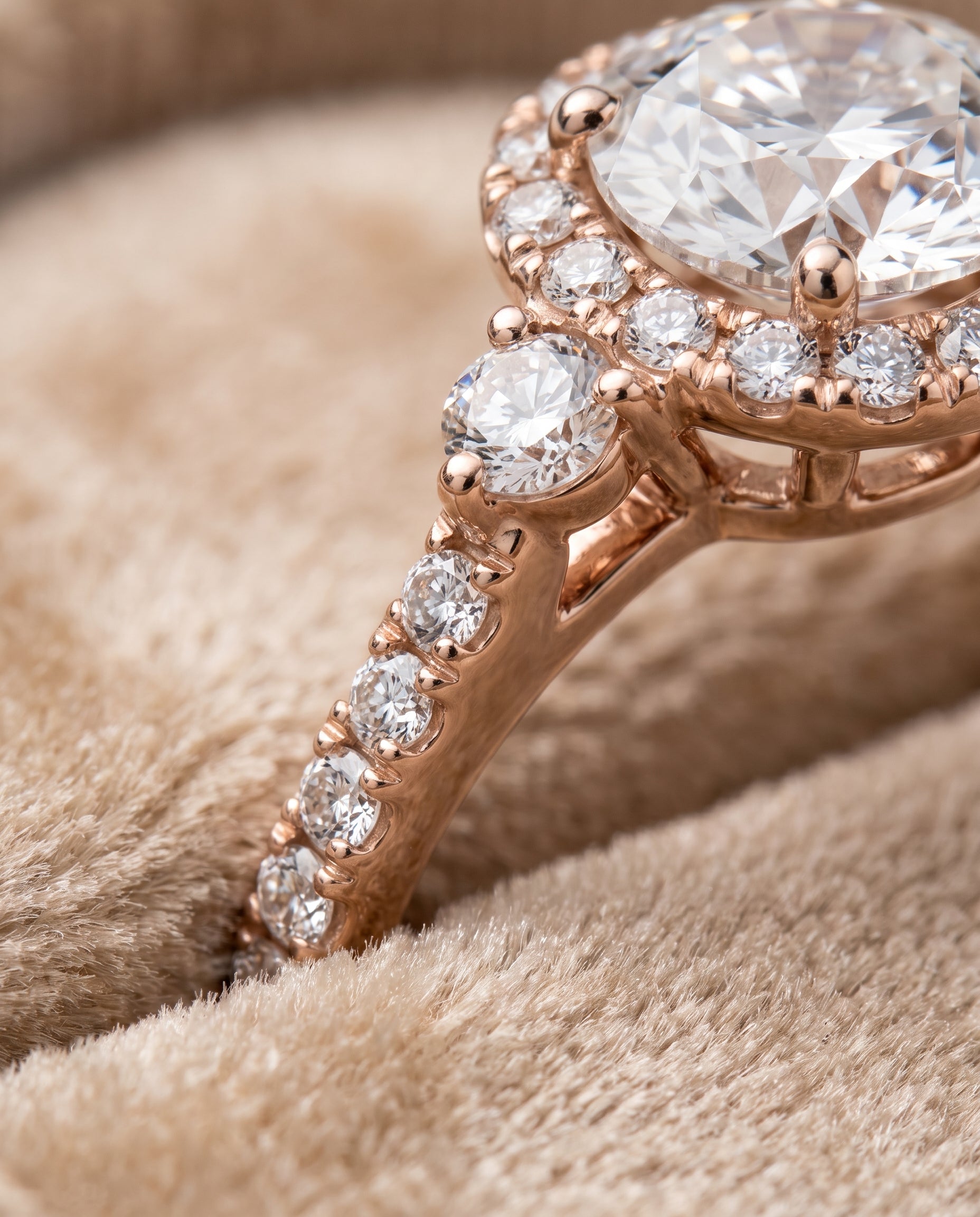 The Ivy Three Stone Delicate Halo Round Engagement Ring Setting in 14K Rose Gold