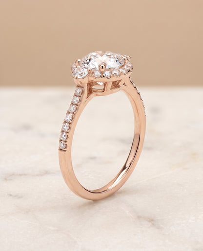 The Ivy Three Stone Delicate Halo Round Engagement Ring Setting in 14K Rose Gold