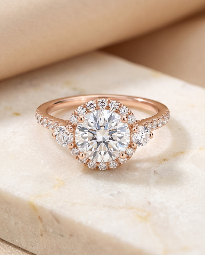 The Ivy Three Stone Delicate Halo Round Engagement Ring Setting in 14K Rose Gold