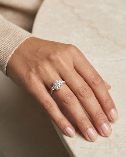 The Ivy Three Stone Delicate Halo Round Engagement Ring Setting in 14K Rose Gold