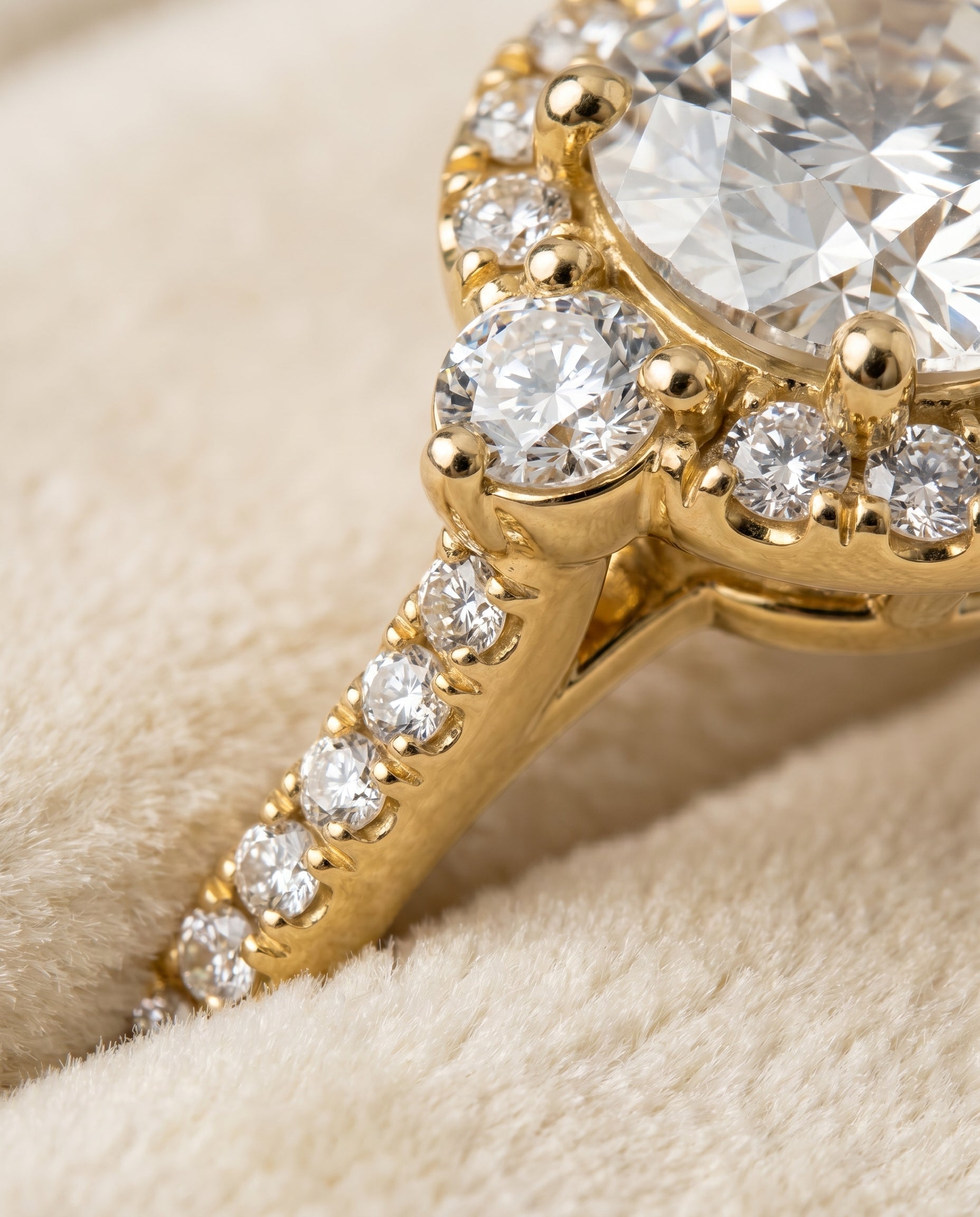 Ivy Select Halo Round Lab Diamond Engagement Ring in 18K Yellow Gold, detail view | RockHer