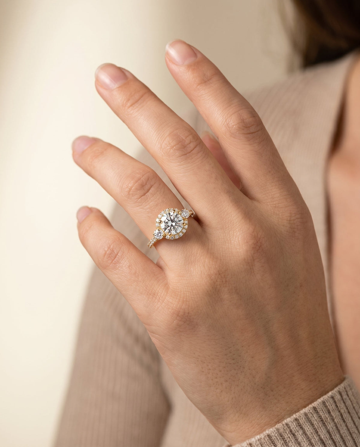 Ivy Select Halo Round Lab Diamond Engagement Ring in 18K Yellow Gold, shown on hand | RockHer
