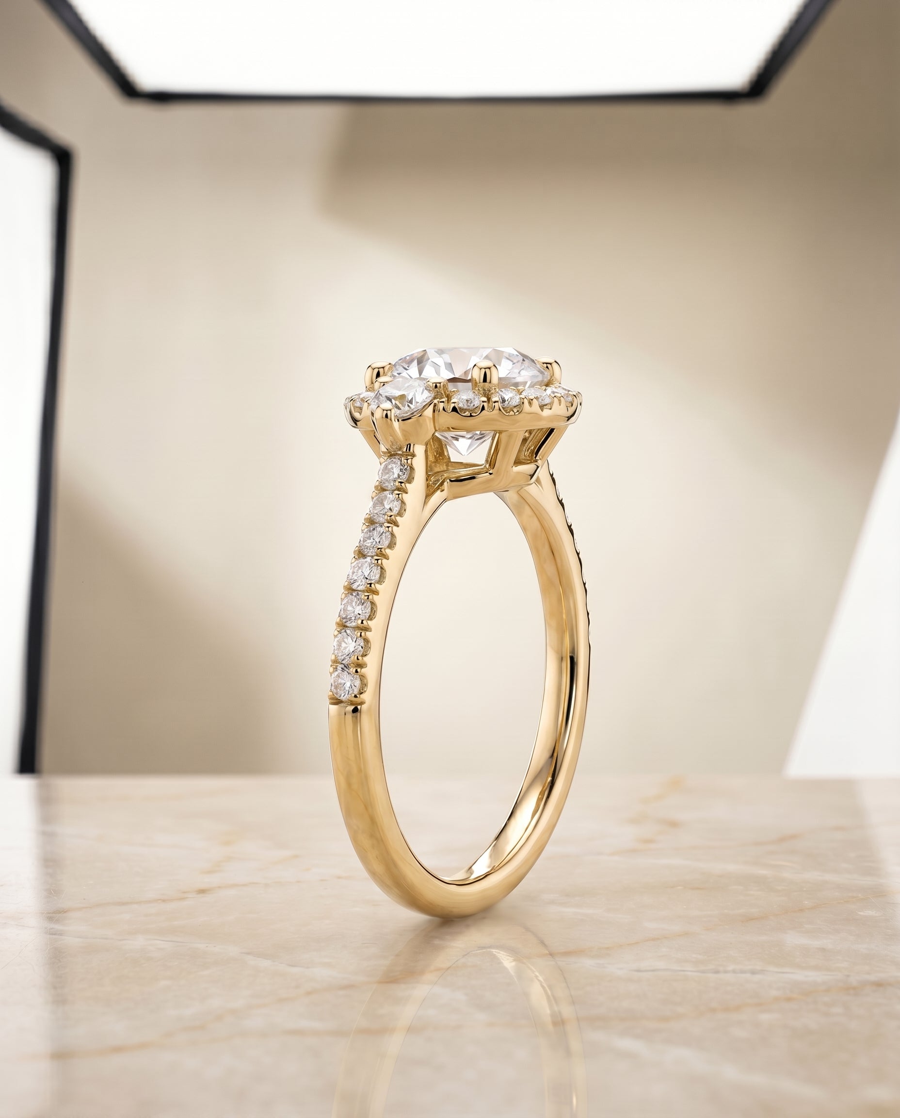Ivy Select Halo Round Lab Diamond Engagement Ring in 18K Yellow Gold, side view | RockHer