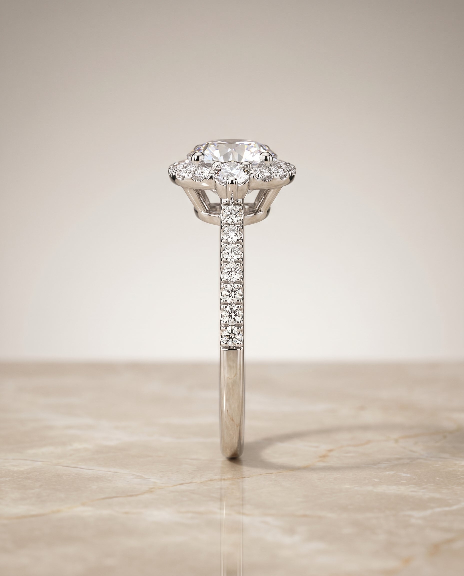 Ivy Select Halo Round Lab Diamond Engagement Ring in Platinum, side view | RockHer