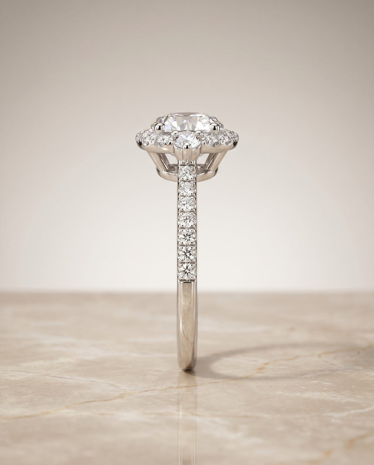 Ivy Select Halo Round Lab Diamond Engagement Ring in 18K White Gold, side view | RockHer