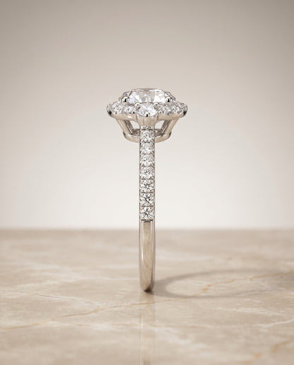 Ivy Select Halo Round Lab Diamond Engagement Ring in 18K White Gold, side view | RockHer