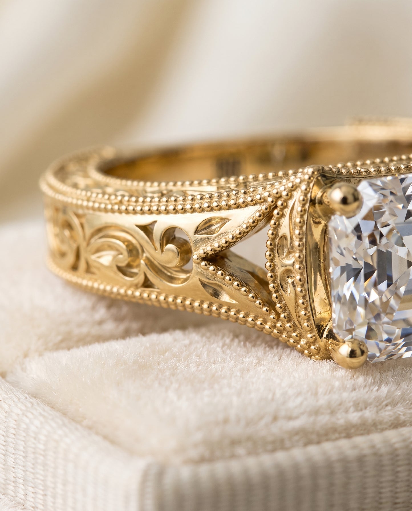 The Janis Hand Engraved Milgrain Vintage Solitaire Asscher Cut Engagement Ring Setting in 18K Yellow Gold
