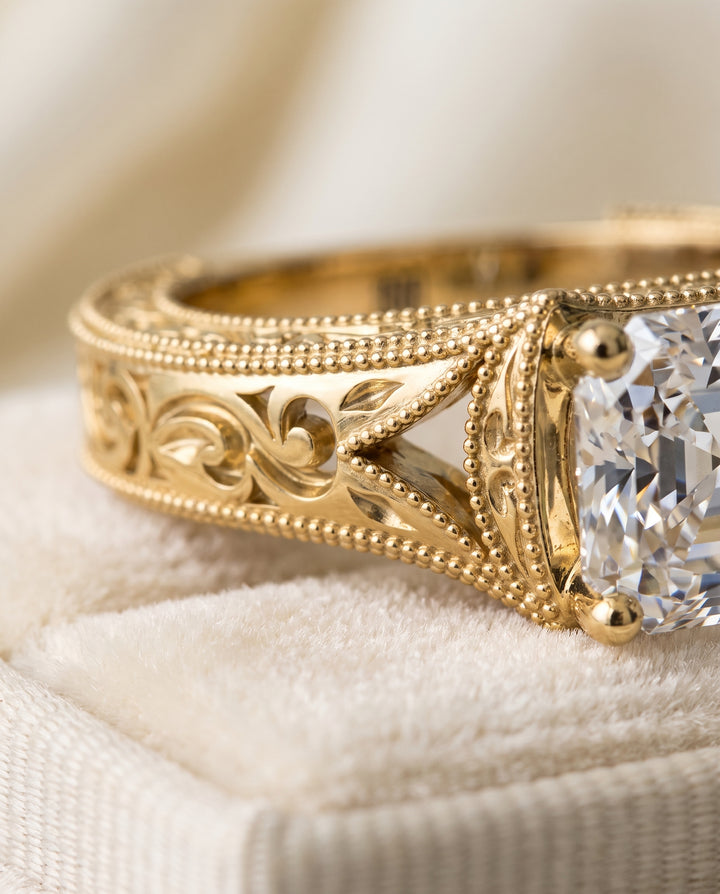 The Janis Hand Engraved Milgrain Vintage Solitaire Asscher Cut Engagement Ring Setting in 18K Yellow Gold