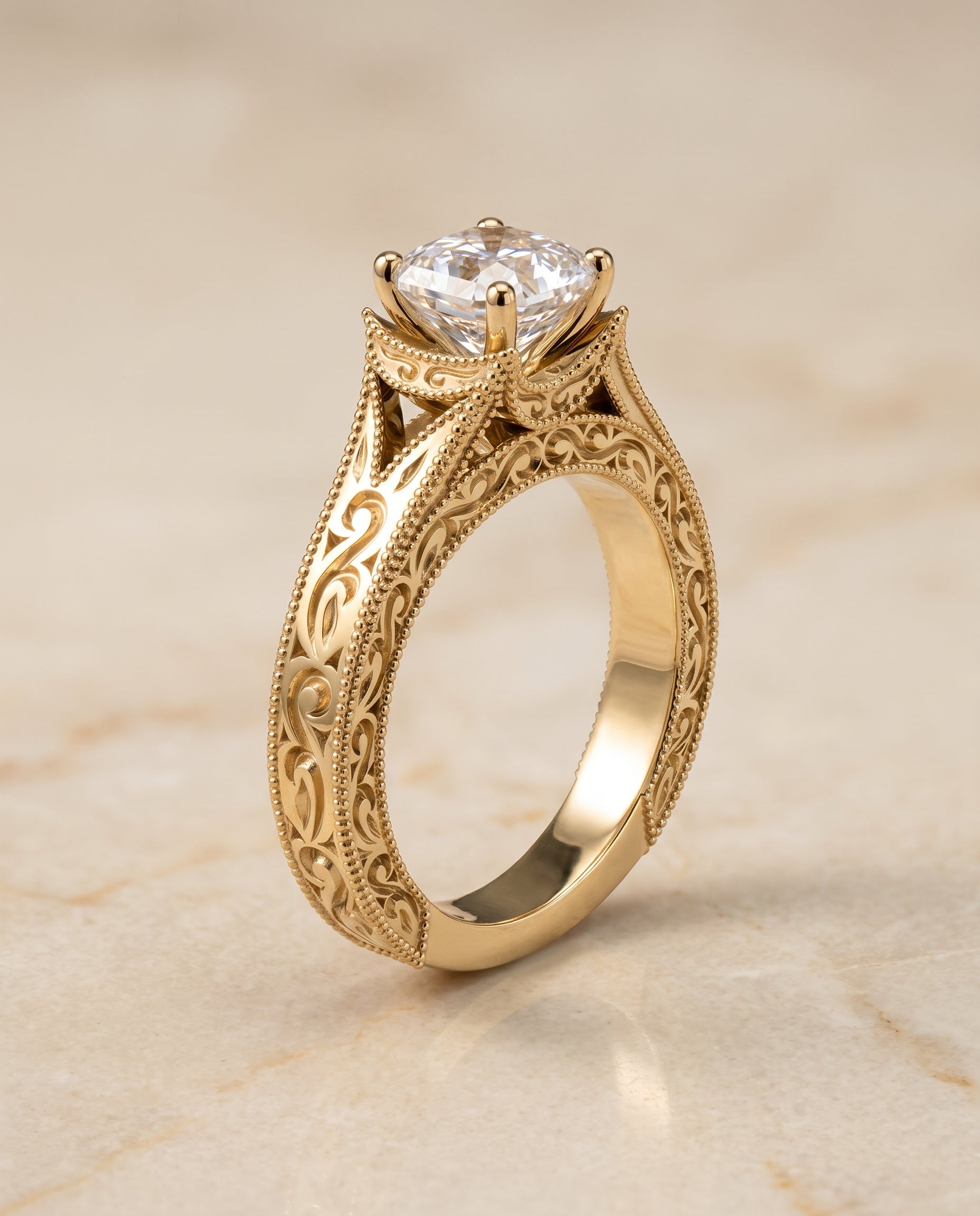 The Janis Hand Engraved Milgrain Vintage Solitaire Asscher Cut Engagement Ring Setting in 18K Yellow Gold