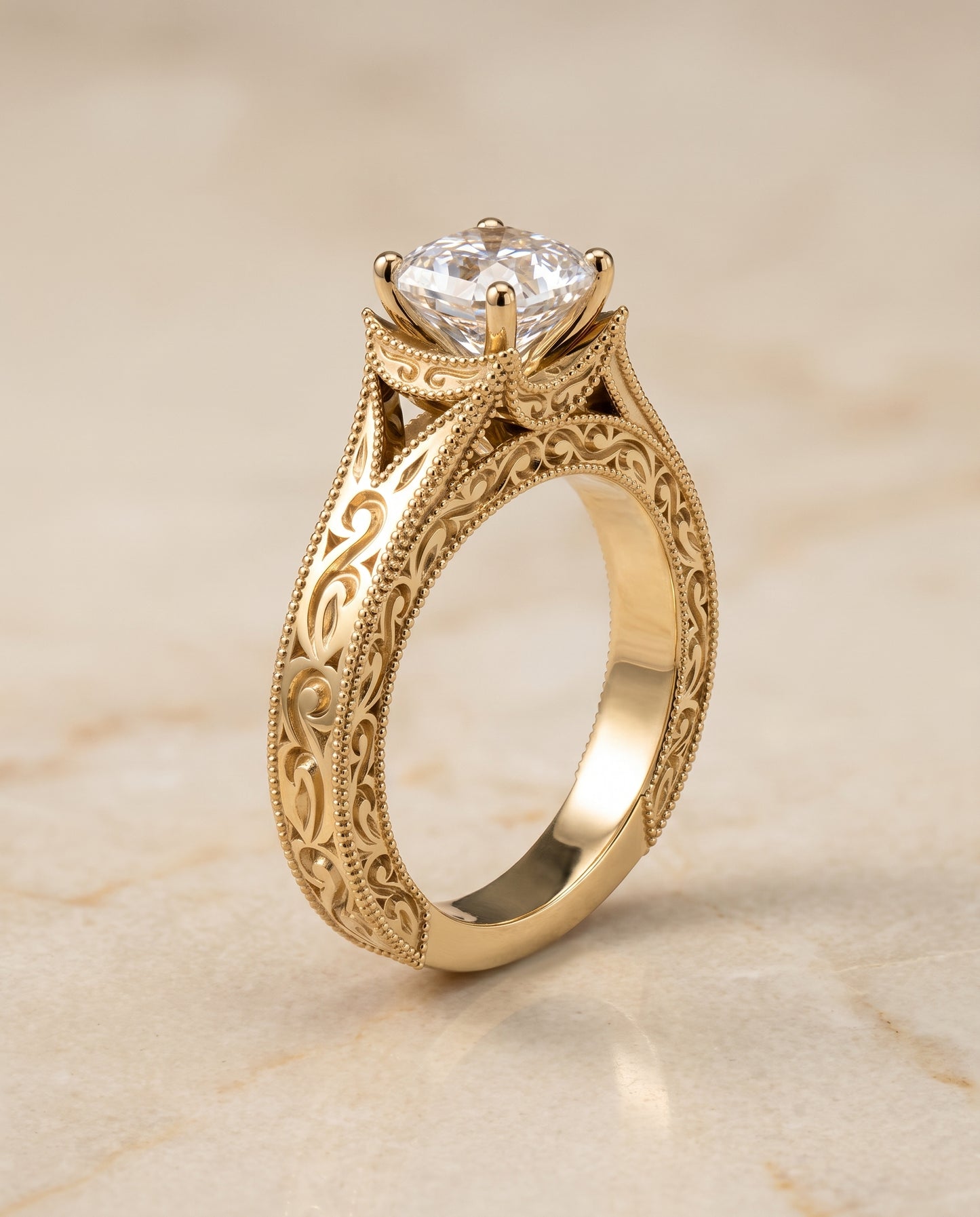 The Janis Hand Engraved Milgrain Vintage Solitaire Asscher Cut Engagement Ring Setting in 18K Yellow Gold