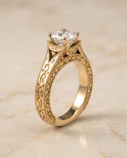 The Janis Hand Engraved Milgrain Vintage Solitaire Asscher Cut Engagement Ring Setting in 18K Yellow Gold